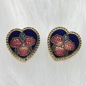Vintage Cloisonné earrings Gold Tone & Blue Heart-shaped Pink Flower Stud Enamel
